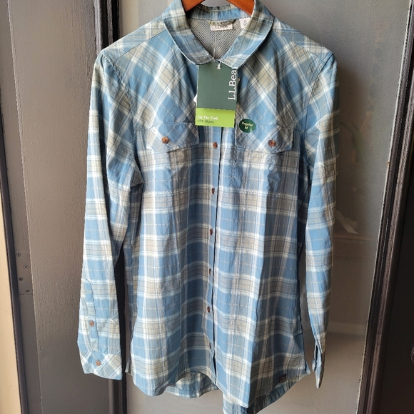 NEW LL Bean Shirt Mens Medium MULTIPLE POCKETS Blue White Button Up Vented Logo - Picture 1 of 13